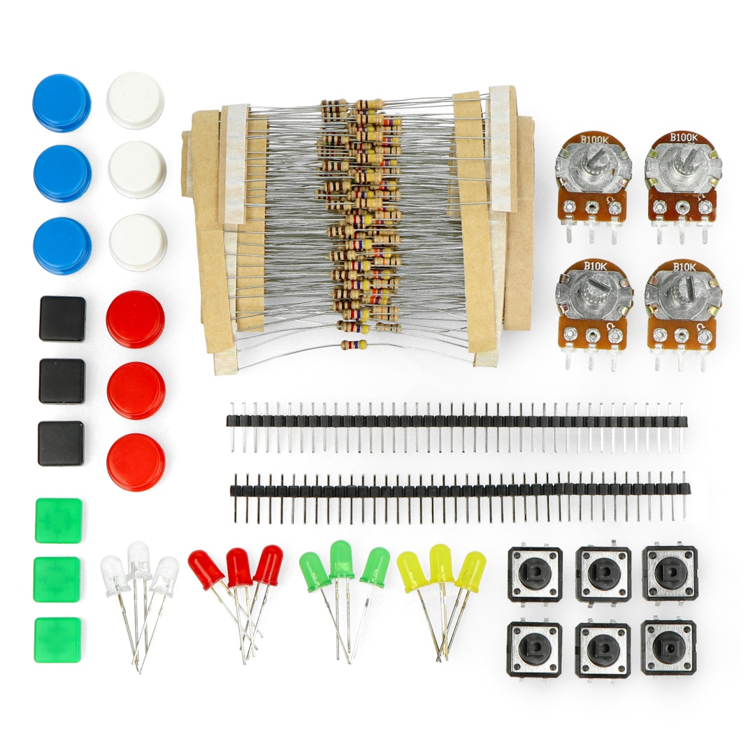 Zestaw elementów elektronicznych - diody, rezystory, przyciski